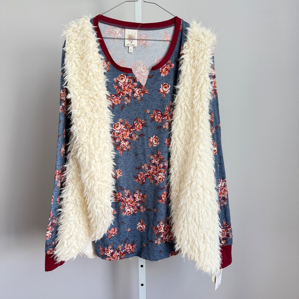 Self Esteem 1X Floral Print Faux Fur Vest Long Sleeve Top Blue Burgundy NEW